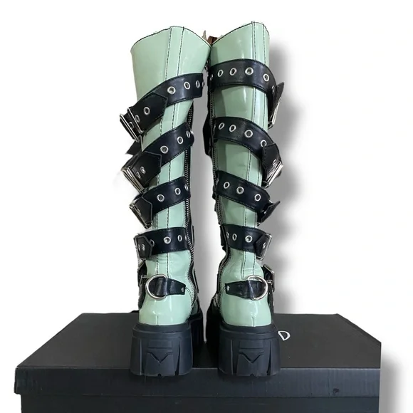 DollsKill | Current Mood Cyber Y2K Goth Grunge Buckle Green Platform Boots - Picture 3 of 10